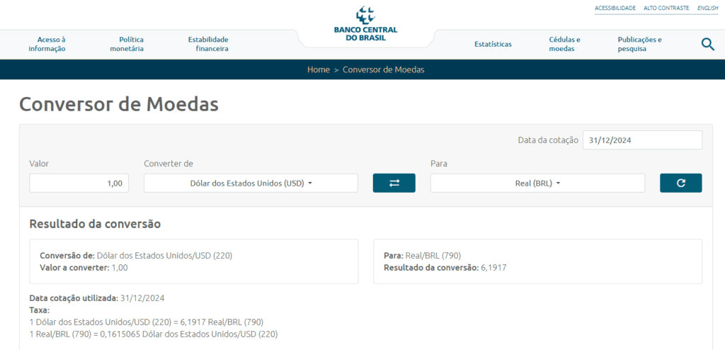 Fonte: https://www.bcb.gov.br/conversao para dia 31/12/2024