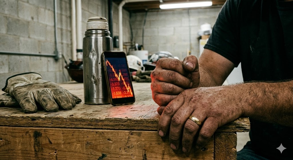 "Close-up of a construction worker's calloused, dirt-stained hands gripping the edge of a rough wooden table, knuckles slightly white from tension. Work gloves set aside nearby. In the soft background, a cheap smartphone screen bleeds red — stock market charts in freefall, numbers cascading downward. The reflection of the red screen catches faintly on a worn gold wedding ring and a half-empty coffee thermos sitting beside the phone. The setting is a construction site break room — bare concrete walls, harsh fluorescent light overhead fighting against the red glow of the screen. No face visible. Late afternoon. Shot on 35mm film, Kodak Portra 400, f/1.8, shallow depth of field, journalistic documentary style, gritty and honest, high contrast between rough calloused skin tones and cold red screen light. Editorial photography for a financial publication."